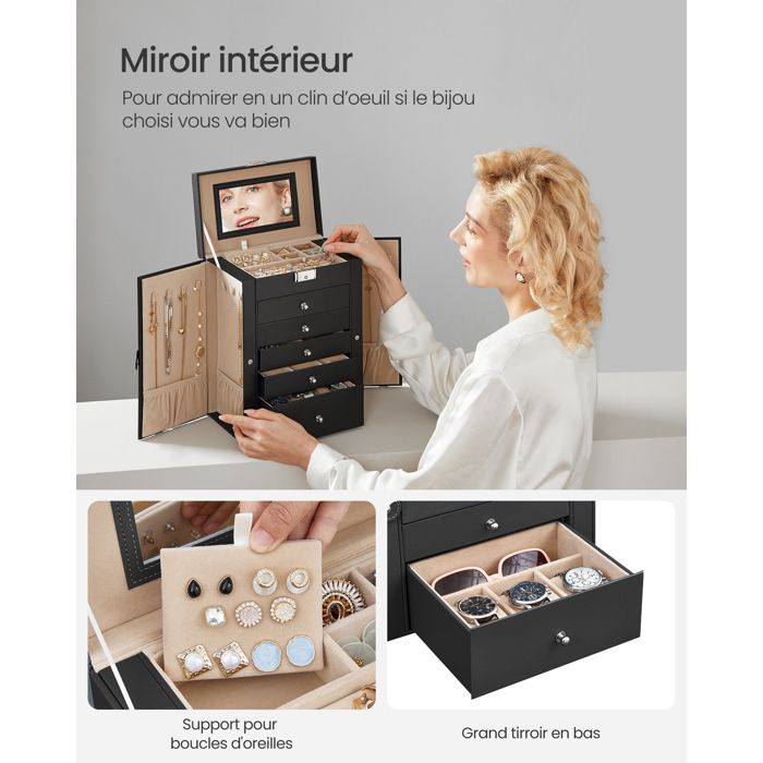 Boîte à Bijoux 5 Couches Avec Serrure - Organisateur Boucles D'oreilles, Colliers, Bagues - Cadeau Femme/fille