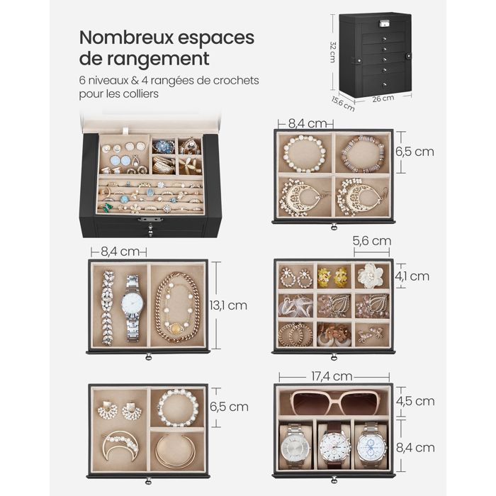 SONGMICS Boîte à Bijoux, Coffre à Bijoux, Grand, 6 Niveaux Avec Ailes, Tiroirs, Miroir Et Fermoir, Pour Bracelets, Boucles D'oreilles, Bagues, Colliers, Cadeau Noel, Noir JBC152B01