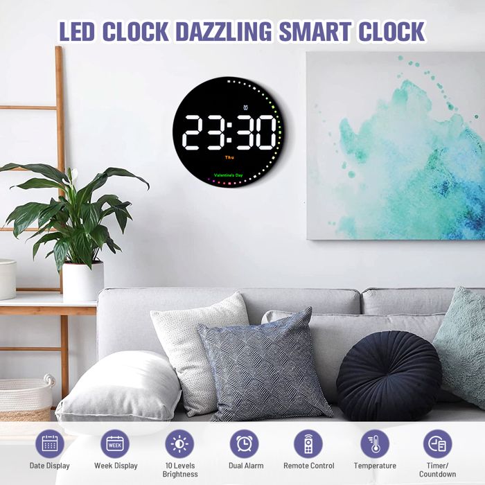 Horloge Murale Numérique LED Grand Format - Affichage Heure, Date, Température, 24h, Neuf