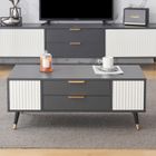 NOBRAND Table Basse Rectangulaire Moderne Gris/blanc 100x50x40cm, 2 Portes + 2 Tiroirs, Décoration Dorée, Qualité Premium