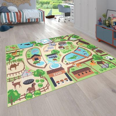 Tapis Chambre Enfant 140x200 Cm – Tapis De Jeu Lion Zèbre Cactus Bleu Crème Gris, Très Résistant, Doux Et Hypoallergénique