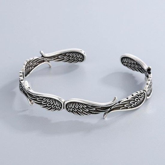 Vintage Sterling Silver Link Bracelet Center Set Triple Puffed Heart Angel Wing Design Medallion Classic Collectable Art Deco Style #3060