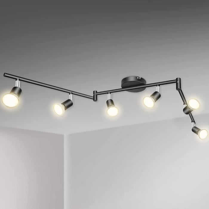 Aiboo - Plafonnier LED Pivotant - Culot GU10 - Avec 6 Spots Ronds Noir Pour Cuisine Chambre A Coucher Salon Sans Ampoule Non Incluse