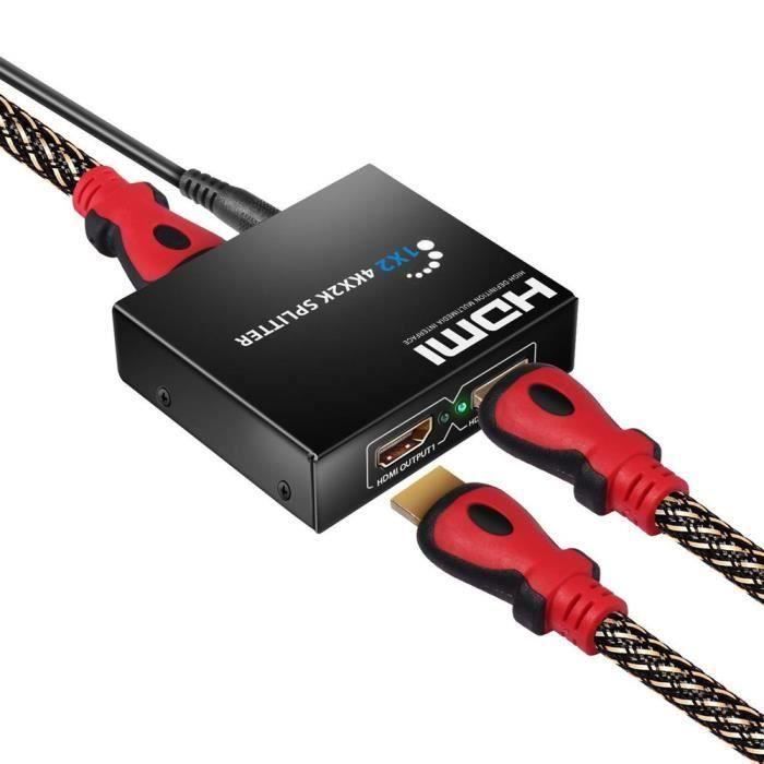 YA*Câble BU HD 4K 2 Port HDMI Splitter 1x2 Repeater Amplifier 1080P 3D Hub 1 In 2 Out EU