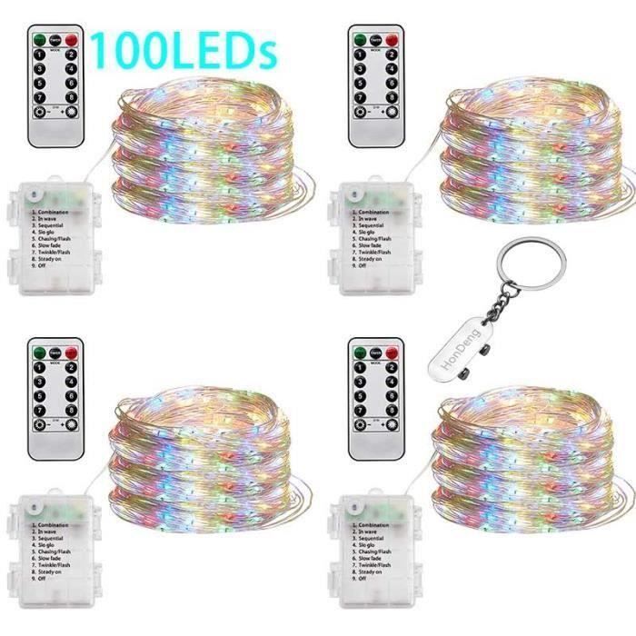Lot de 4 Guirlandes Lumineuses LED, Etanche à Piles 100 leds 10M, pour Mariage Maison Jardin Noël, (Couleur)
