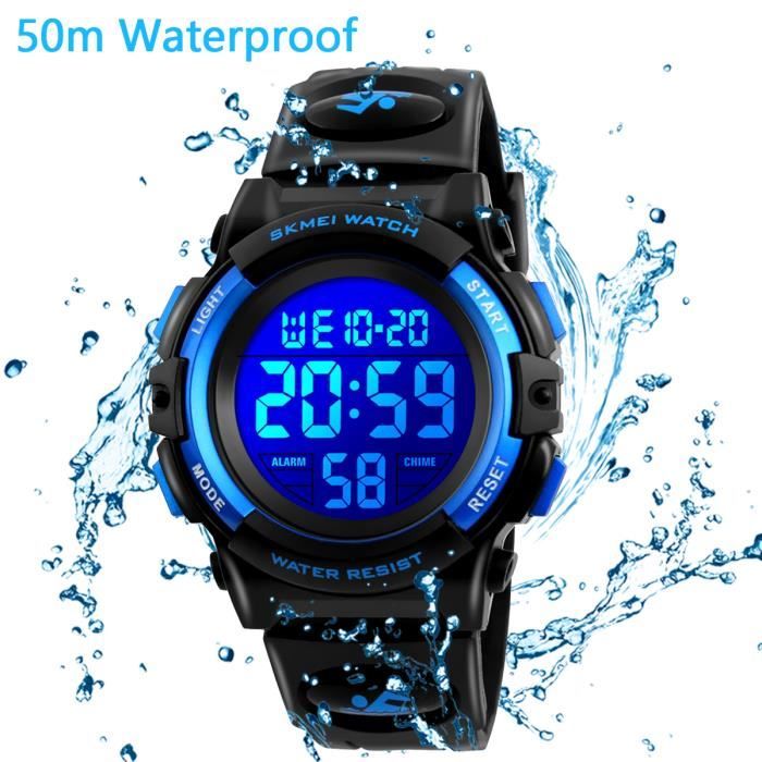 Montres de sport imperméables d'enfants l'intérieur extérieur - WIKAY - Montre numérique écran LED de montre-bracelet de résine