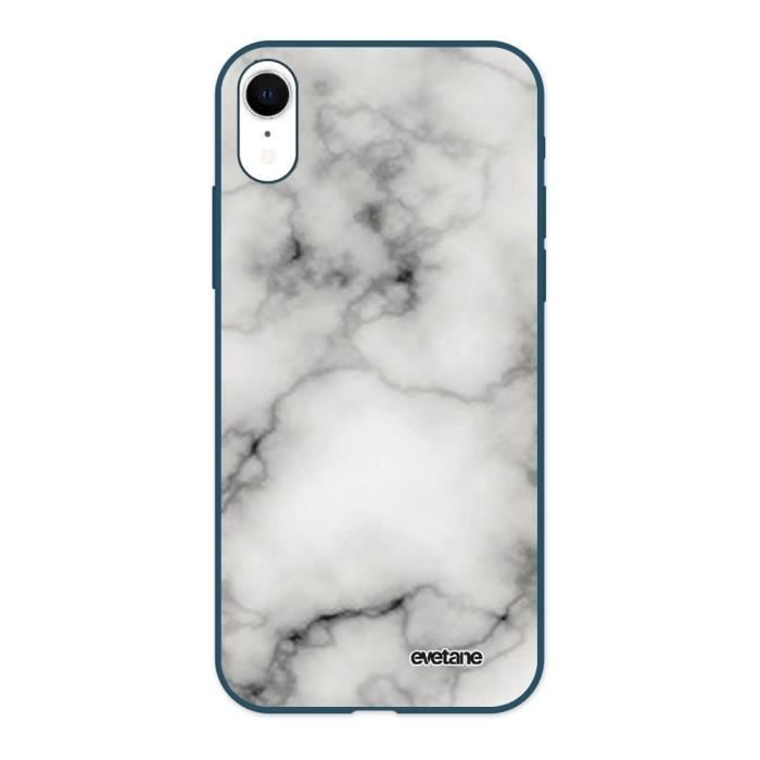 Coque pour iPhone Xr Silicone Liquide Douce bleu marine Marbre blanc Ecriture Tendance et Design Evetane