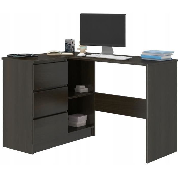 KIAN W - Bureau d'angle + rangements + 3 tiroirs - 112x87x76cm - Table d'ordinateur forme de L - Table de travail - Wengé