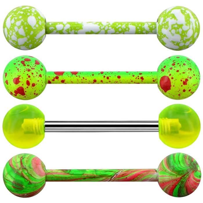 OUFER 4pcs Piercing Langue 14G avec Boule en Acier Inoxydable 316L Vert Piercing Barball Barre de Langue Anneaux Ensemble