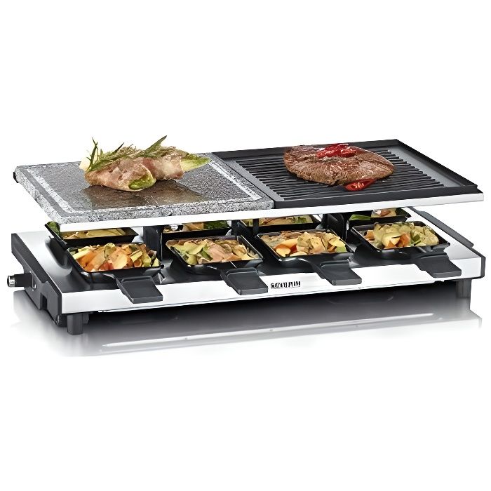 SEVERIN Raclette Gril avec pierre naturelle et plaque anti-adhésive réversible, 8 poêlons, 1 500 W, Inox/Noir, RG 2373