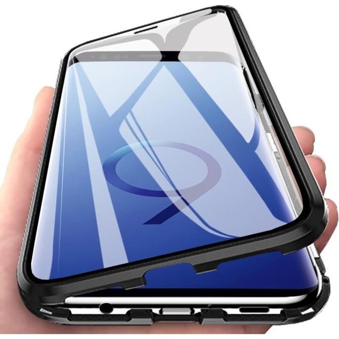 Galaxy S9 Coque, Verre trempé Couverture Plein écran Adsorption Magnétique Métal Coque pour Samsung Galaxy S9 Noir