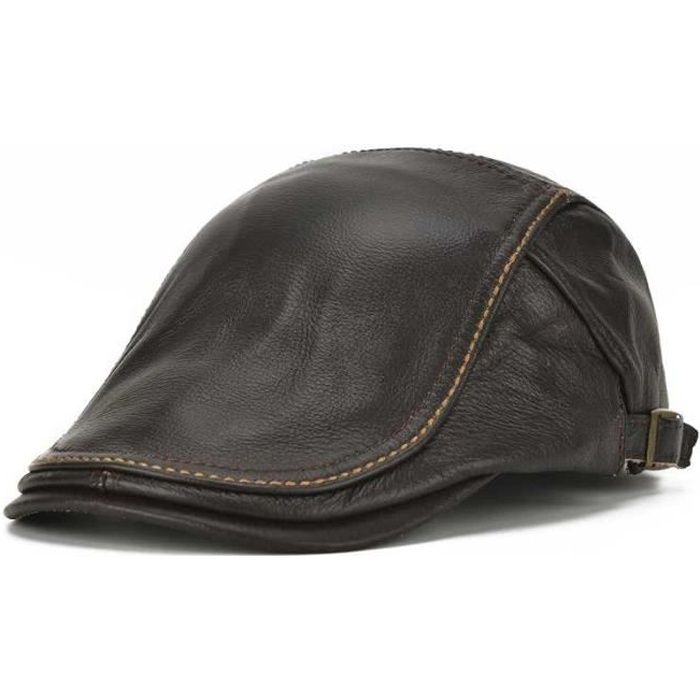 Homme Casquette en Cuir de Vachette Épais Hiver Chaud Casquette Classique Réglable Cadeau Fête des Pères Brun foncé - Style 01
