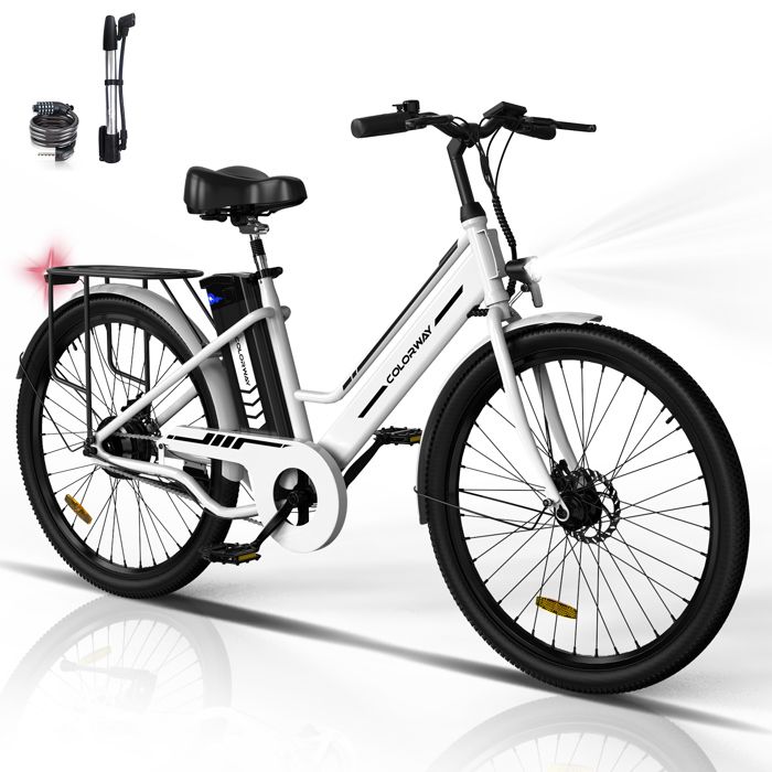 Velo electrique VAE COLORWAY 26 Blanc Moteur 250W Batterie Lithium Amovible 36V 12Ah Pedalage Assiste