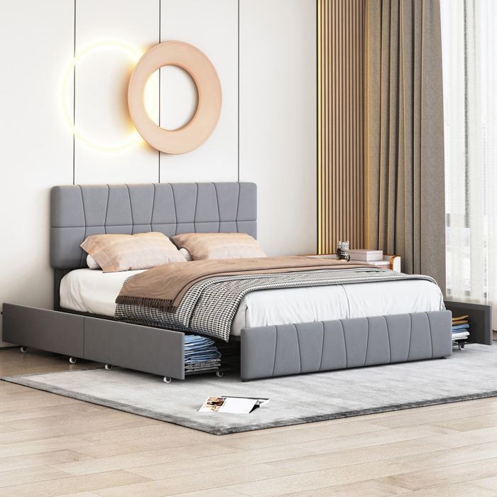 Lit adulte rembourré - Gris - Avec 4 tiroirs - Tête de lit réglable en hauteur - Style scandinave