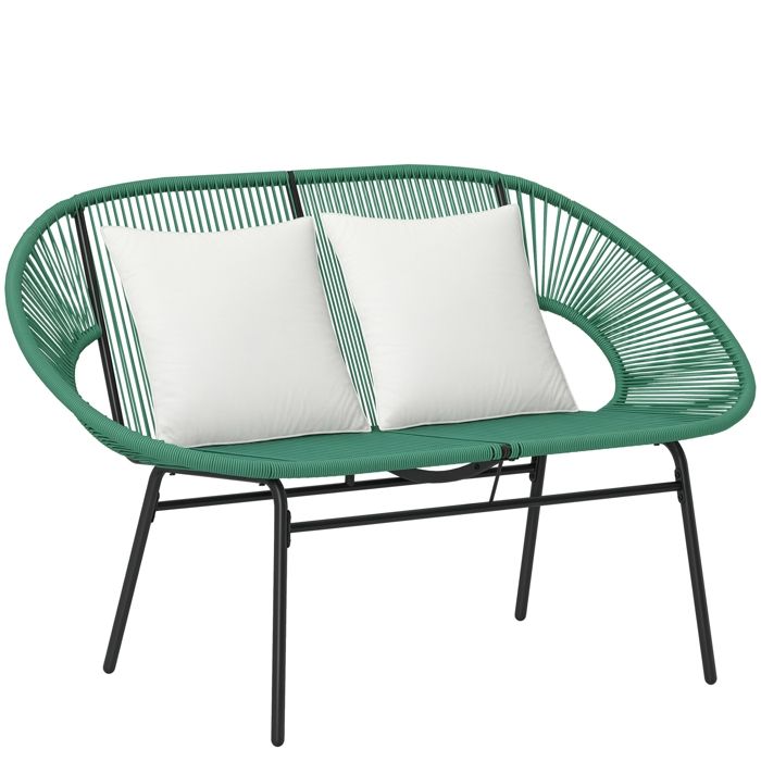 Banc de jardin - Outsunny - 2 places - avec 2 coussins - cadre en acier et cordage en résine PE - 132 x 72 x 83 cm - vert foncé
