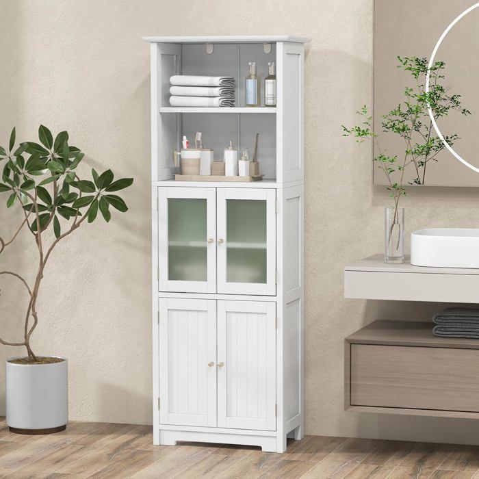 LIFEZEAL Armoire Haute de Salle de Bain Indépendante avec Portes Vitrées, Armoire sur Pieds avec Étagères Réglables, Organisateur de Rangement pour Cuisine, Salon (60 x 30 x 164 cm) (Blanc