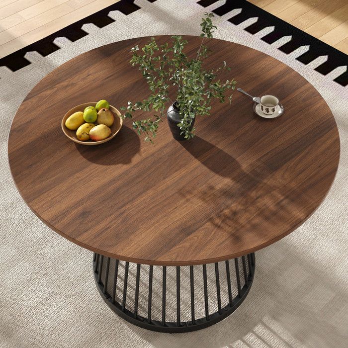 Table De Salle à Manger Ronde 120cm MSFE - Pieds Métal Noir, Plateau Noyer - 4-6 Personnes