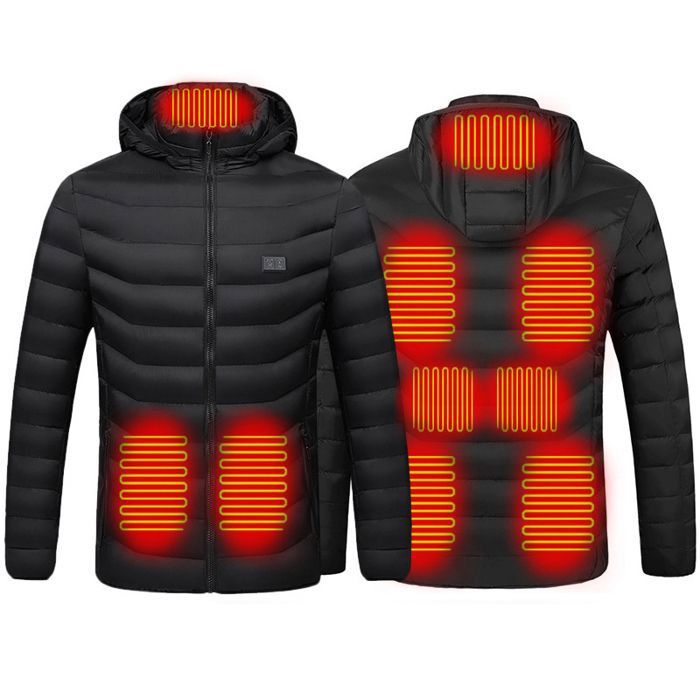 Doudoune à Capuche USB Chauffant - Unisexe - Manteau Chauffante 9 Zones - Doudoune Chauffante Intelligent - Noir XS-4XL