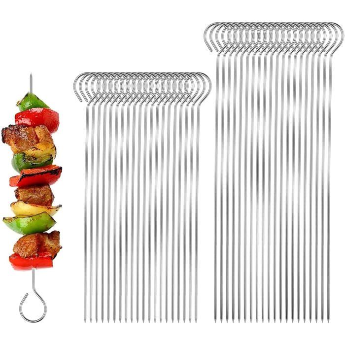 6 Brochettes Barbecue En Inox 40cm - Poignée En Chêne Massif, Pointes Plates Pour Cuisson Uniforme