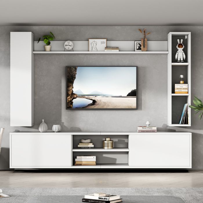 Ensemble Meuble TV Mural 4 Pièces Blanc Laqué Modulable : Installation Murale ou à Poser au Sol avec Meuble Bas 180cm
