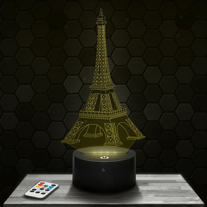 Lampe 3D - Tour Eiffel - Accessoire Objet Cadeau Tour Eiffel - Veilleuse Led Tactile avec socle au choix et télécommande