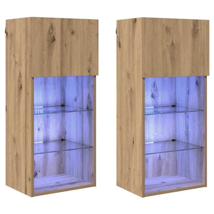 Meuble TV mural - vidaXL - Chêne artisanal - 405x30x90 cm - 2 portes - 8 étagères - Bandes LED intégrées