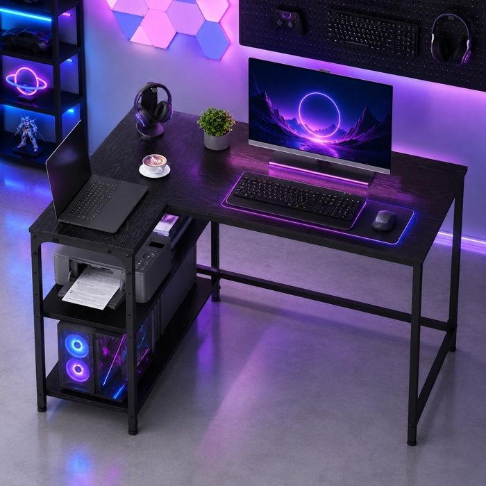 Bureau Gaming en L Réversible avec Rangement Étagères Réglables Table Informatique dAngle 110 x 80 cm Noir