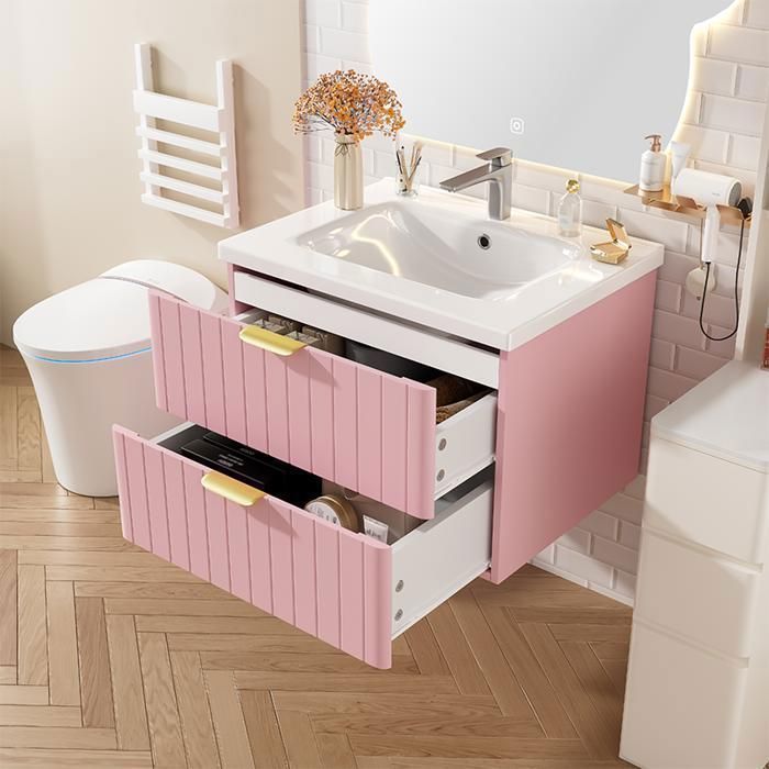 Meuble Vasque Salle de Bain Suspendu 60 5 cm avec Rangement Double Vasque Céramique MDF Résistant à lHumidité - Rose Blanc