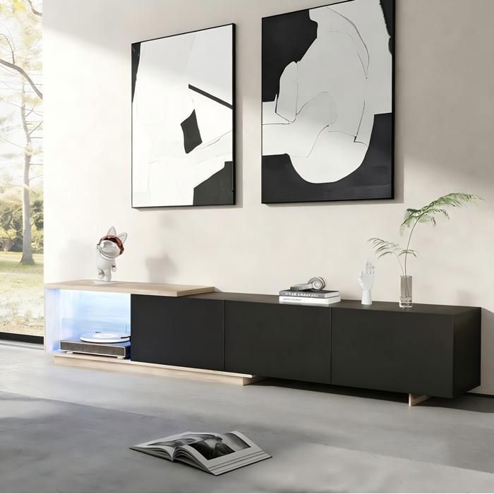 Meuble TV LED 180-240cm Extensible Support pour TV 75 Pouces Banc TV Meubles avec 3 tiroirs et Rangement Ouvert Salon Noir