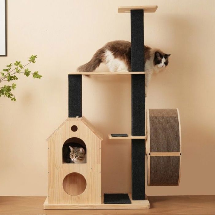 Arbre à chat haut avec roue d’exercice bois massif 4 plateformes 2 maisons griffoir sisal tapis amovible noir ARBRE A CHAT