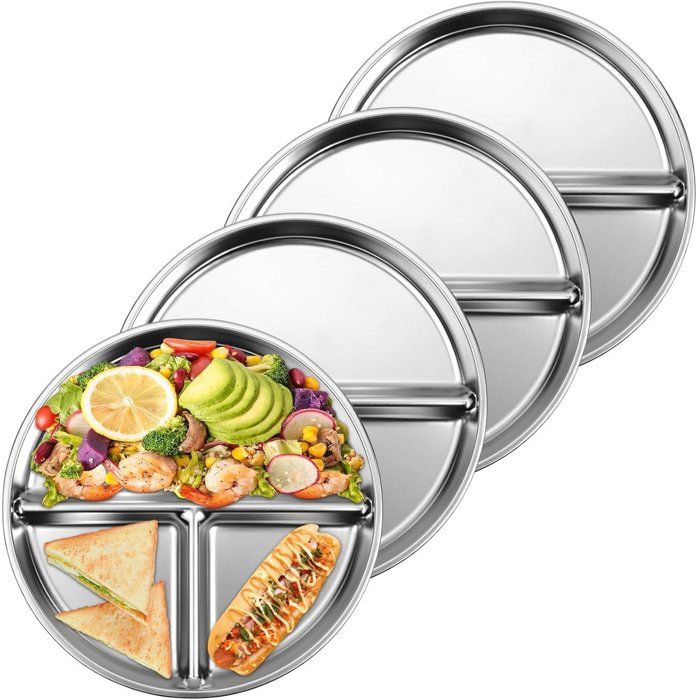 Lot de 4 assiettes inox 20 cm pour enfants/adultes compartimentées.