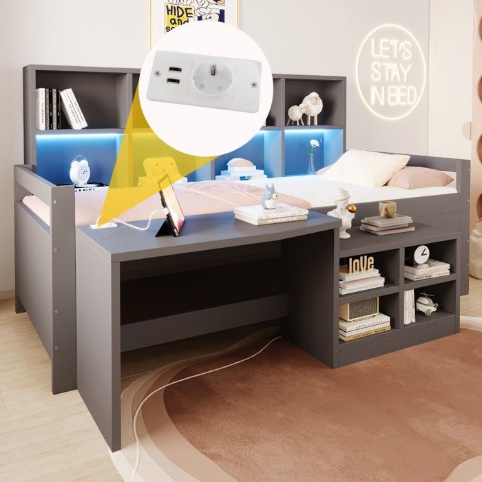 Lit Mezzanine Adolescent 90x200cm Gris Bois Massif Bureau Intégré LED Prises Multi Rangements Sans Matelas