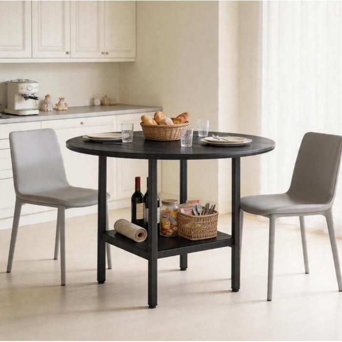 WOVREO table à manger ronde 100 cm avec étagère de rangement MDF métal noir 4 à 6 personnes