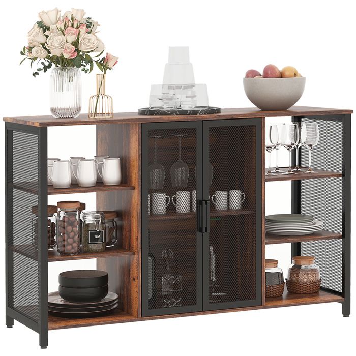 Buffet de cuisine avec 6 étagères ouvertes porte-gobelets et étagère réglable 120x40x76 cm marron style rustique
