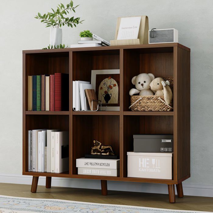 Etagère milieu siècle 6 niveaux cubes bois brun rustique pied antidérapant salon bureau