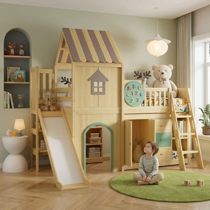 Lit mezzanine 90x200 cm avec toboggan escalier armoire tiroirs et étagères bois de pin et MDF naturel/vert
