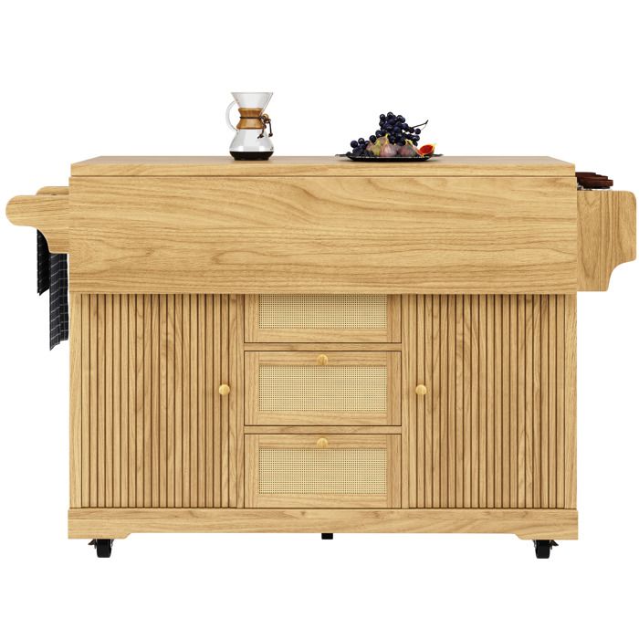 ELVORIN Desserte de cuisine pliante 142 5 x 80 x 95 cm îlot central mobile à roulettes tiroirs en rotin PE marron