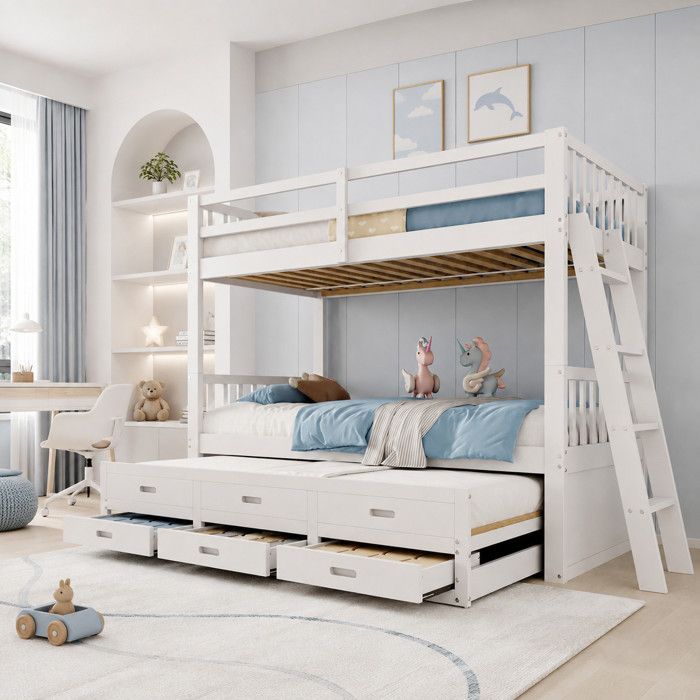 Lit Superposé enfant Extensible 90x200 cmavec couchage gigogne3 Grands Tiroirs Échelle de Rangement sans matelas Bois blanc