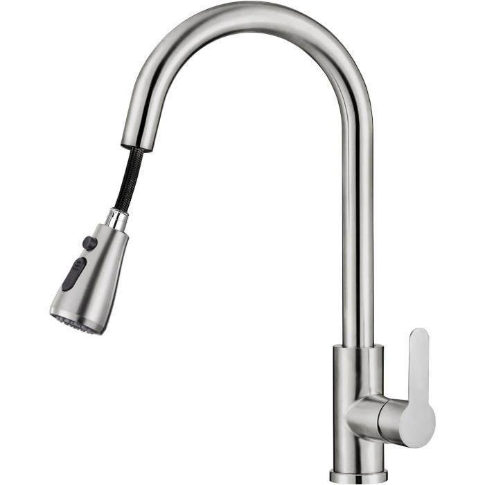 Robinet Lavabo Avec Douchette Extractible - Acier Inoxydable - Mitigeur Mono-Commande - Pour Salle De Bain Ou Cuisine