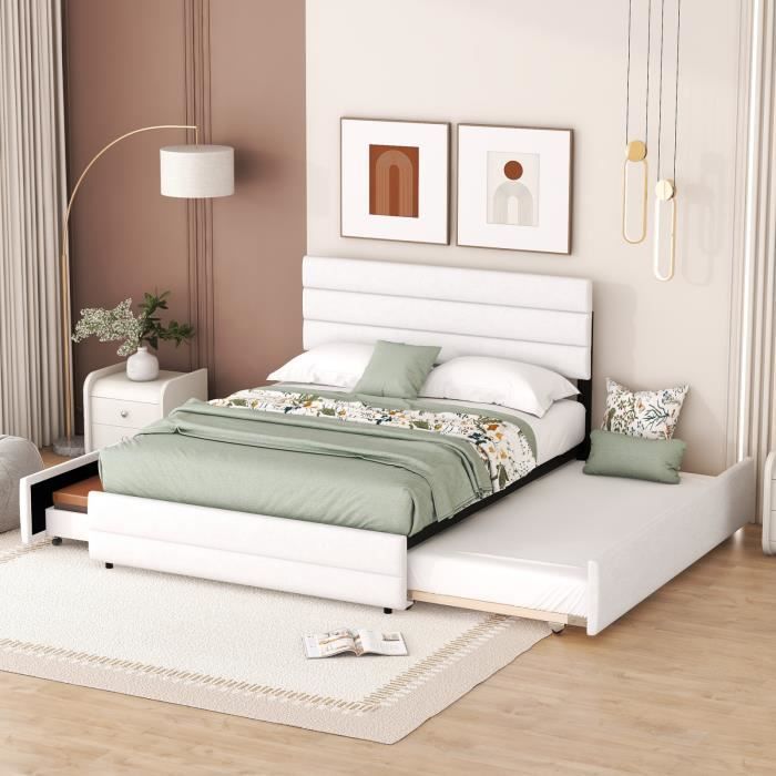 lit plateforme 140 x 200 cm avec machine de nettoyage et deux tiroirs, blanc – design élégant et intemporel