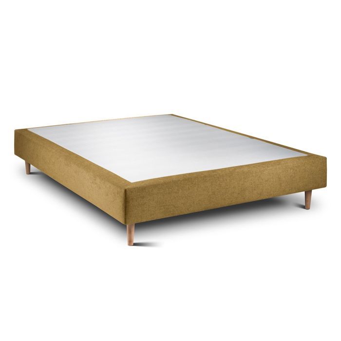 Sommier Tapissier Tissu Jaune 140x190 H35cm Sommeil de plomb - Sommier en bois massif avec Pieds bois cones 15 cm