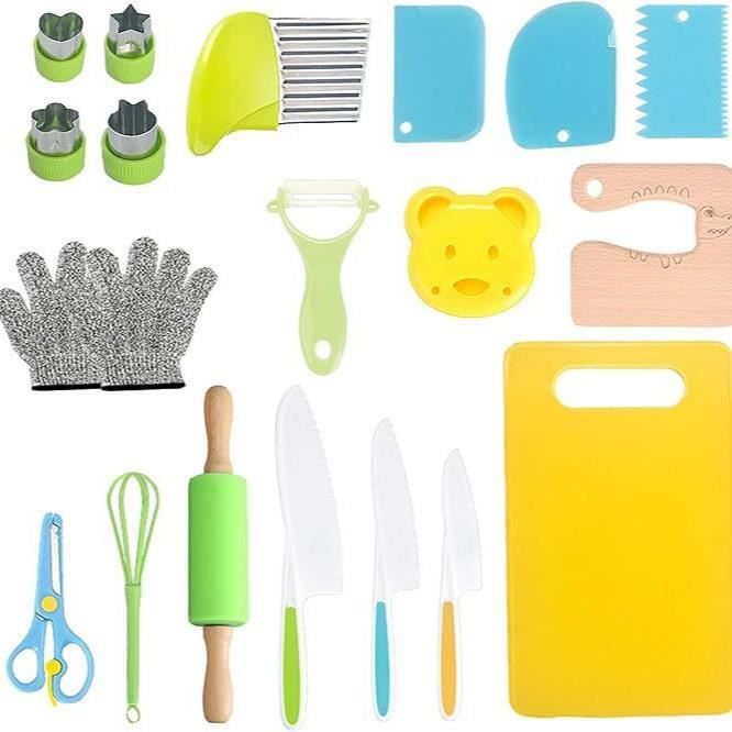 Set Cuisine Enfant 24 Pièces - Couteaux Plastique Sécurisés + Planche + Moules - Pour Fruits/Légumes