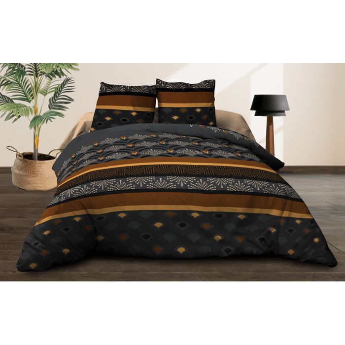 Parure Drap plat + draphousse 140x200 + 2 T Pur coton 57 fils Phenix Noir Cdiscount Maison