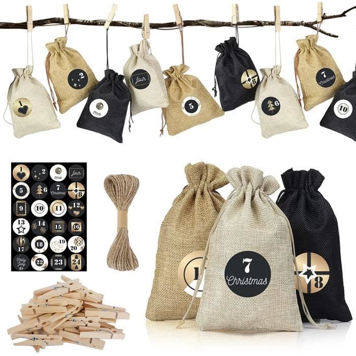 Calendrier De L'Avent En Tissu à Remplir - 24 Sachets + 2 Guirlandes LED - DIY Noël 2025