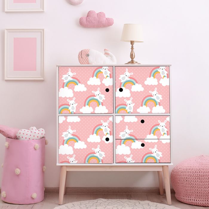 Sticker meuble - Mixte - Lapins et arcs-en-ciel - 40 x 60 cm - Vinyle - Multicolore