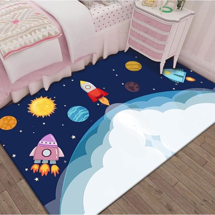 Tapis Chambre Enfant Thème Espace EDGZKO - 102 X 152 Cm, Motif Planètes Et Galaxie - Polyester, Antidérapant, Lavable