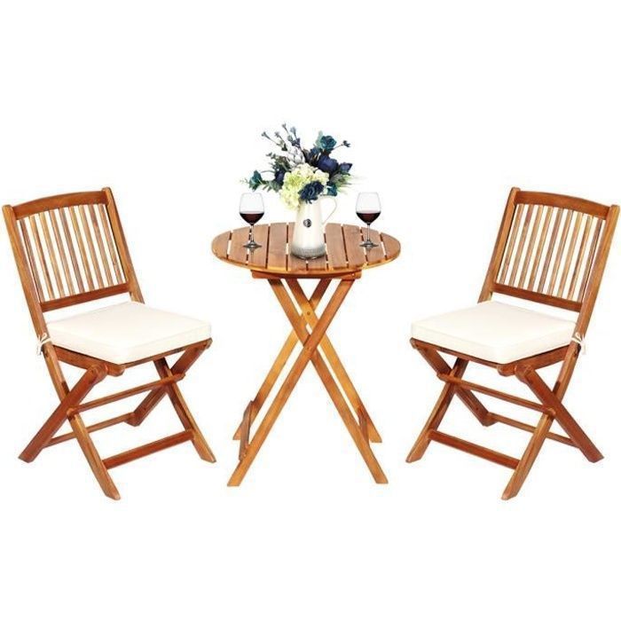 COSTWAY Ensemble de Table et 2 Chaises Pliable en Bois dAcacia pour Bistrot Jardin Terrasse Couleur Bois Naturel