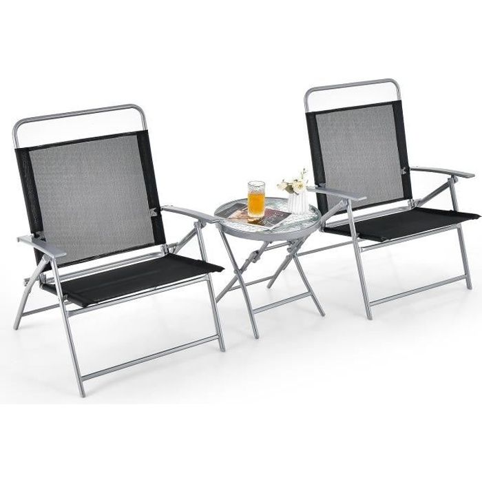 COSTWAY Salon de Jardin avec 2 Chaise et 1 Table Pliantes Cadre Métal Table Basse en Verre Trempé pour Balcon Patio