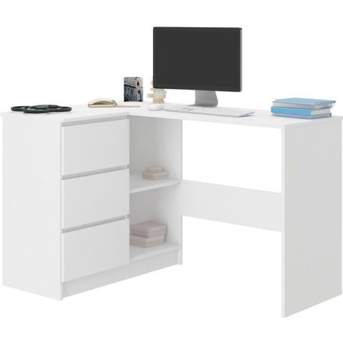 KIAN B - Bureau d'angle & rangements + 3 tiroirs - 112x87x76 cm - Table d'ordinateur forme de L - Blanc