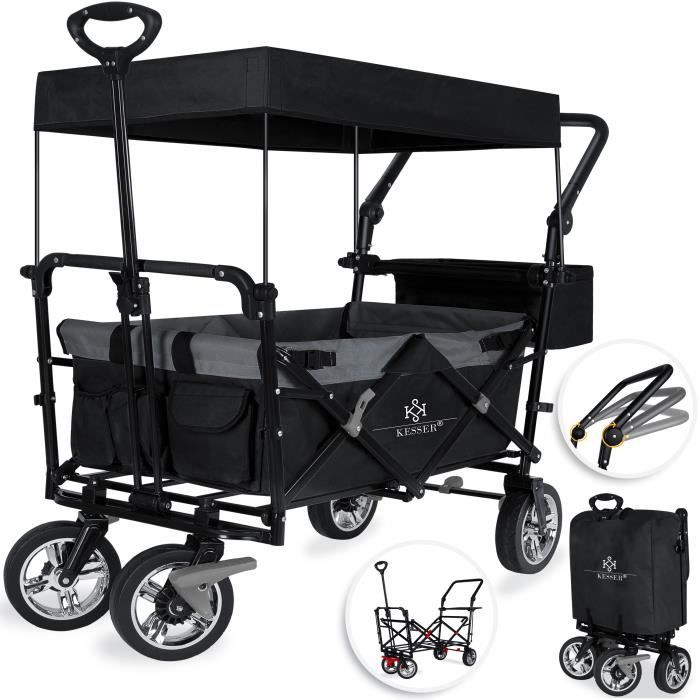 KESSER GT9000 Chariot de transport pliable avec toit - Charge maximale : 150 kg - Avec roues en caoutchouc dur et freins de stationnement (avant et arrière) - Avec serrure, couverture, intempéries